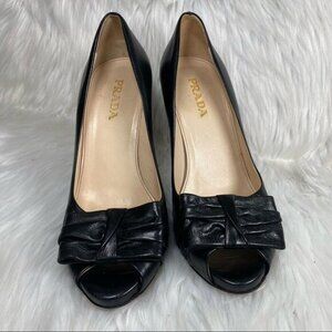 Prada Women's Black Minimalist Open Toe Bow Tie Designer Leather‎ Pump EU 37.5